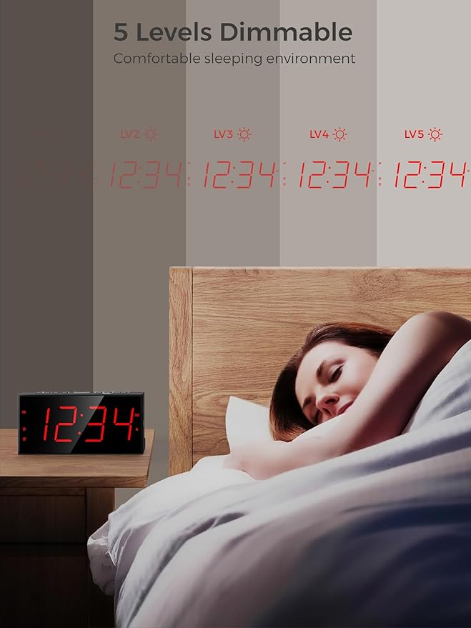 PPLEE Alarm Clock for Bedroom, Large Number Digital Clock with Dimmer for Living Room, Dual Alarms Easy to Read clock for Seniors, Electric Bedside Desk Clock with USB Charger, Digital Red LED Display