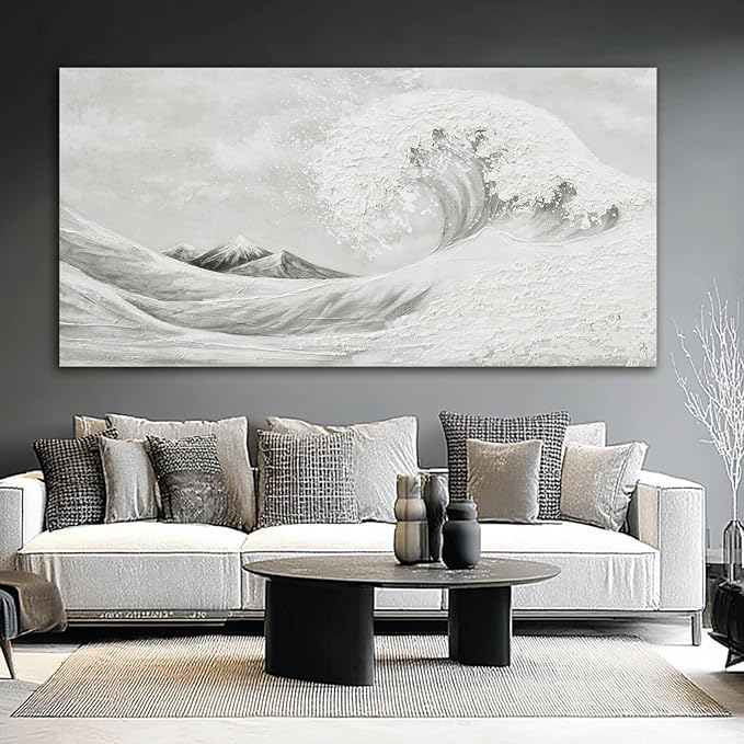 YETHEN WAL Textured Grey Wave Wall Art – Extra Large 3D Coastal Canvas, Neutral Minimalist Seascape for Living Room Bedroom, Hand-Painted Details, 29×58 Inch