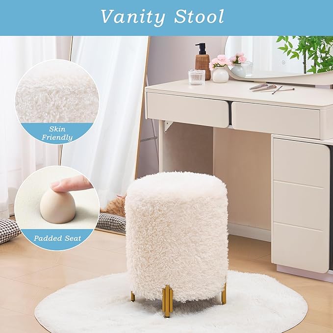 Mxfurhawa Round Ottoman Foot Stool with Storage and Metal Legs for Living Room Bedroom, Velvet Upholstered Footrest Stool Support 300lbs Modern Padded Seat Ottoman Coffee Table (White-Long Wool)