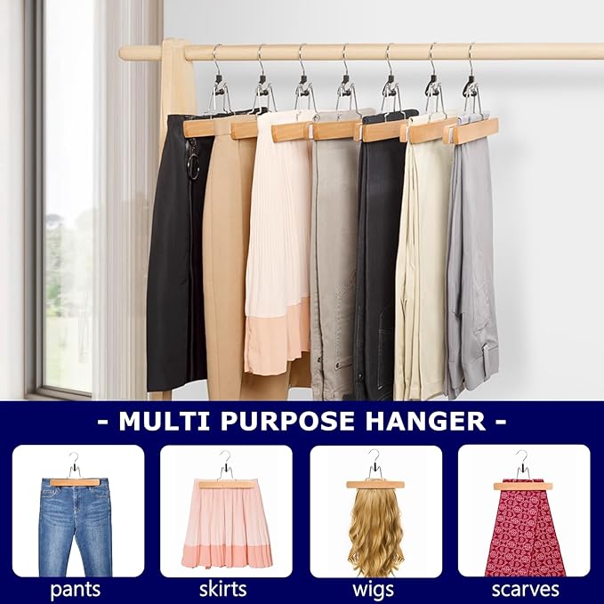 Amber Home 10 Pack Natural Wooden Pants Hangers, Wood Clamp Hangers with Non Slip Padded Velvet, Jeans/Slacks Hangers Hair Extension Hangers for Skirts, Trousers, Wigs (Natural, 10)