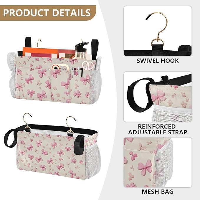 Bedside Caddy Hanging Bunk Bed Caddy Bed Organizer Hanging Pocket with 2 Hooks Bedside Storage Organizer Pocket Bag Holder Pink Cute Bow