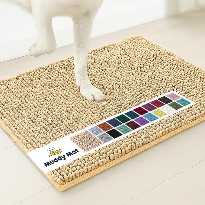 Muddy Mat® Shown on TV – Super Absorbent Microfiber Dog Door Mat for Muddy Paws, Non-Slip Washable Pet Rug, Quick Dry Chenille Entryway Carpet, Machine Washable Indoor Outdoor mat, Beige 28"x18"