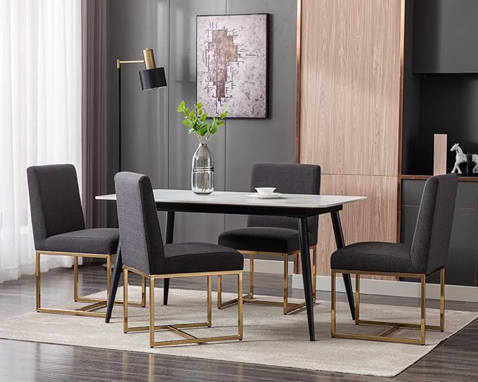 CIMOTA Black Modern Dining Chairs Set of 2, Upholstered Dining Room Chairs Armless Guest Side Chair with Gold Base for Dining Room/Kitchen, Charcoal Black, 2PCS