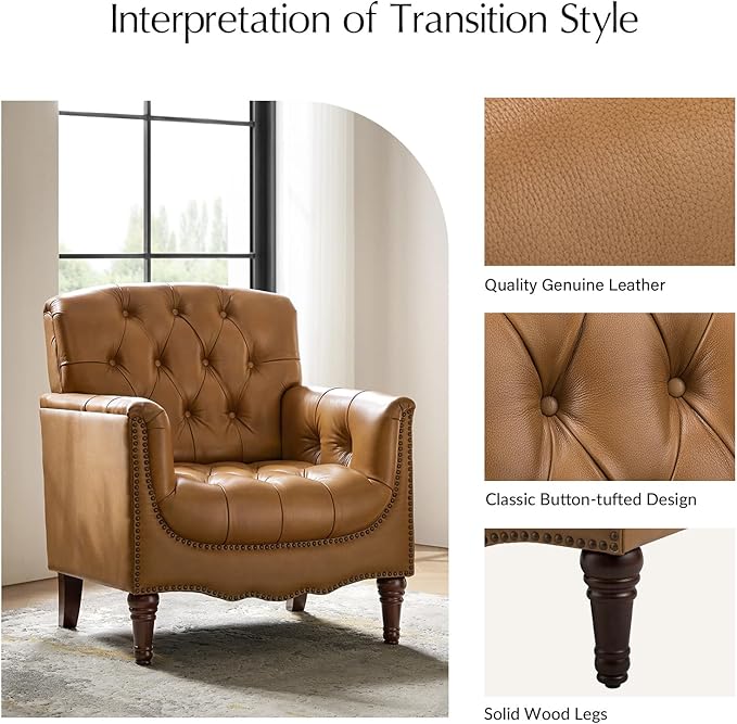 HULALA HOME Mid Century Modern Leather Club Chairs, Top-Grain Genuine Leather Armchairs with Button-Tufted Back & Solid Wood Legs, Accent Chairs for Living Room/Bedroom/Home Office, Camel
