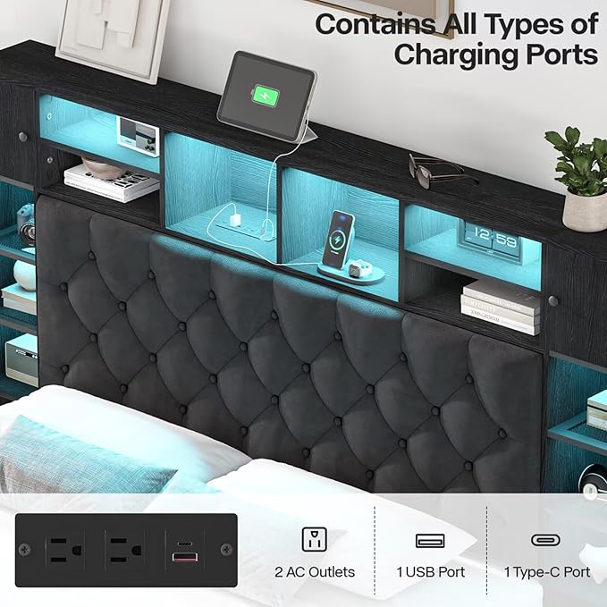Full Size Bed Frame with Bookcase Headboard and Storage Drawers, 51.2" Metal Platform Full Bed Frame with Charging Station and LED Lights, Velvet Upholstered Tufted Bed Frames, Black
