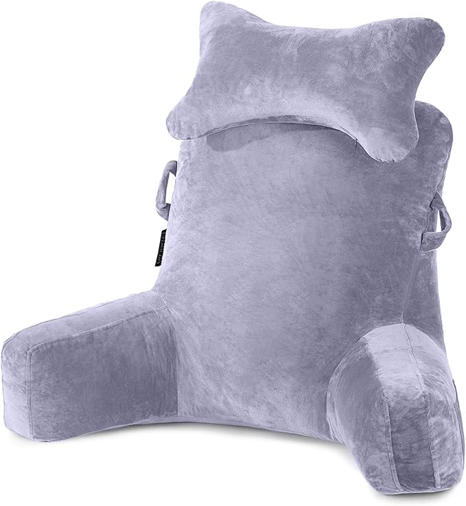 SLIGUY Reading Pillow-Bed Rest Pillow with Detachable Neck Roll & Support Arm for Sitting in Bed Couch or Floor-Backrest Reading Pillow Adult Back Pillow for Reading/Watching TV/Gaming/Relaxing,Grey