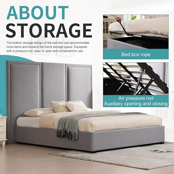 YUHUASHI King Size Bed Frame with 64-inch High Headboard, Simple and Airy Linen Upholstered Platform Bed with Storage Drawers, Wood Slat, No Noise (Grey, King(Hydraulic Lift))