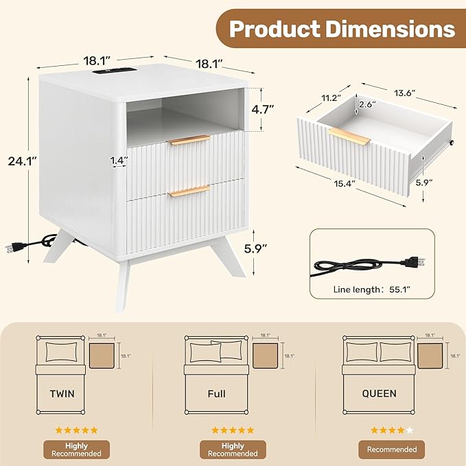 Modern Nightstand,Side Table with Charging Station,Bedside Tables with Drawer,Mid-Century End Tables Set (1-Piece),White
