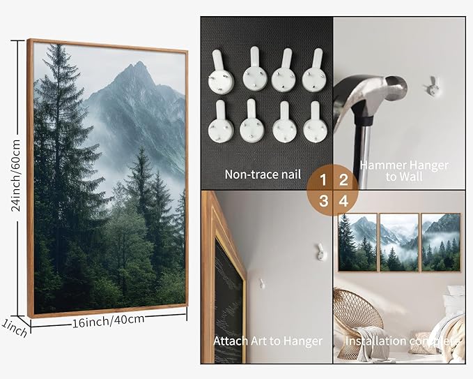 YeeHomedec Large Mountain Framed Canvas Wall Art, Mordern Calming Forest Wall Decor, Misty Nature Mountains Art Painting, Wooden Pine Trees Artwork for Living Room Bedroom Farmhouse 16"x24"x3