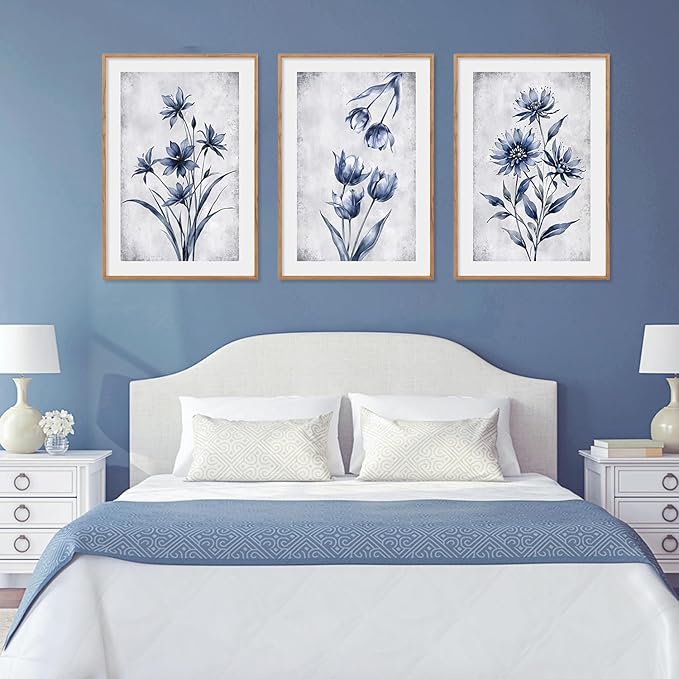 LHIUEM Navy Blue and Grey Flower Framed Canvas Wall Art Set,Modern Botanical Plant Wall Decor,Neutral Wildflower Painting,Watercolor Aesthetic Floral Artwork for Living Room,Bedroom,Office-16''x24''x3