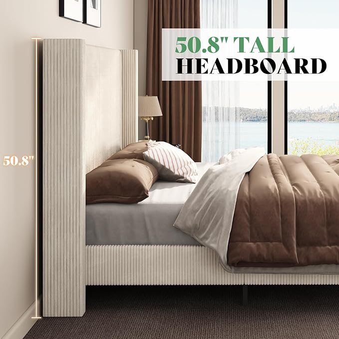 AMERLIFE King Size Upholstered Bed Frame with 50.8" Tall Headboard, Wingback Platform Bed with Solid Wood Legs, Wooden Slats, Corduroy/No Box Spring Needed/Noise Free/Cream