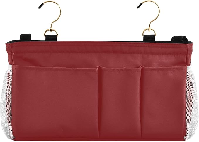 KOPIRIT Navy Red Bedside Caddy Storage Bag Bedside Organizer for College Dorm Top Bunk Bed Hanging Storage Organizer 6 Pockets with Hooks for Drinks Magazine Phone Holder