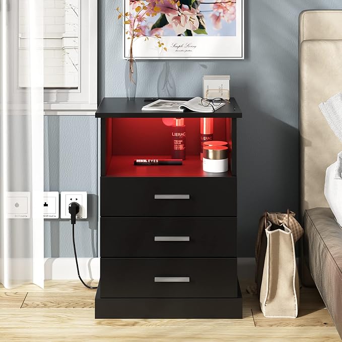 Halitaa Black LED Nightstand with Charging Station, Side Table with 3 Drawers and Light, End Table with Open Storage, Beside Cabinet for Bedroom (Black)
