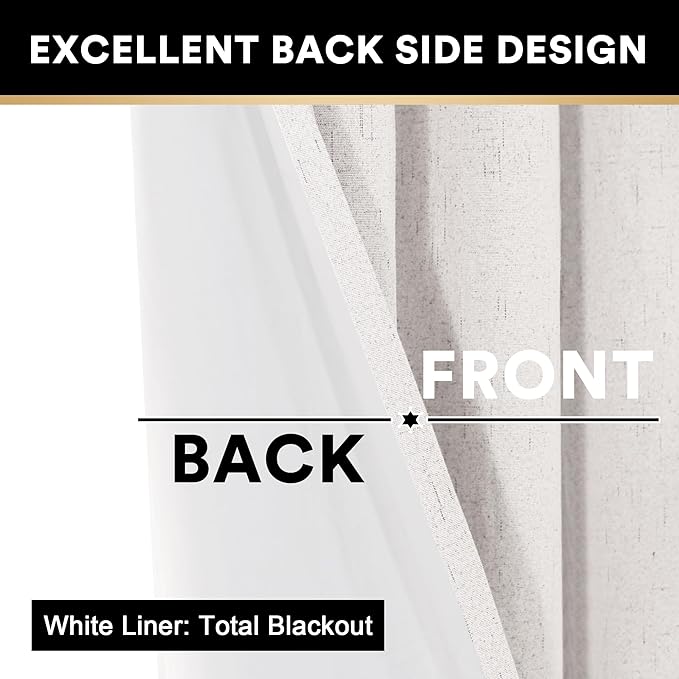 PrinceDeco Primitive Textured Linen 100% Blackout Curtains for Bedroom/Living Room Energy Saving Window Treatment Curtain Drapes, Burlap Fabric with White Thermal Insulated Liner (52 x 96 in, Ivory)