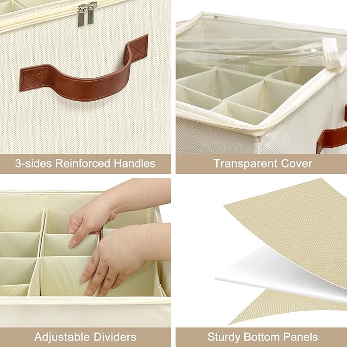 Shoe Organizer for Closet, Foldable Shoe Storage Box with Clear Top Lid, 3 Leather Handles, Adjustable Dividers, Fits 8-16 Pairs, Stackable Shoe Bin for Bedroom (Beige, 1 PCS/16.9*11.8*1.57 inch)