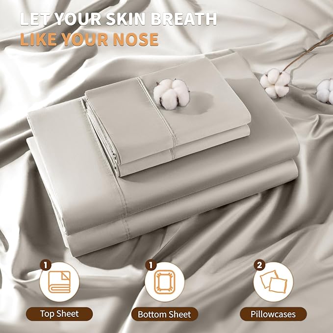 LBRO2M 100% Cotton Sheets Set Deep Pocket 19", 1000 Thread Count California King Size 4 Piece Bed Sheet Sets Soft Comfortable Bedding All Season (California King, Taupe)