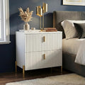 Luxury Fluted Night Stand, Nightstand with 2 Drawers, Modern Bedside Table with Golden Legs and Handles, End Tables for Living Room Bedroom, White