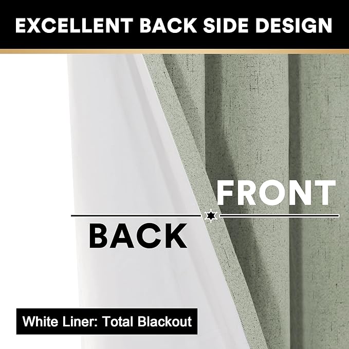 PrinceDeco 100% Blackout Linen Curtains 63 Inches Long 2 Panels Thermal Insulated Burlap Curtain with White Liner Grommet Room Darkening Textured Curtains for Bedroom Living Room (52x63 inch,Sage)