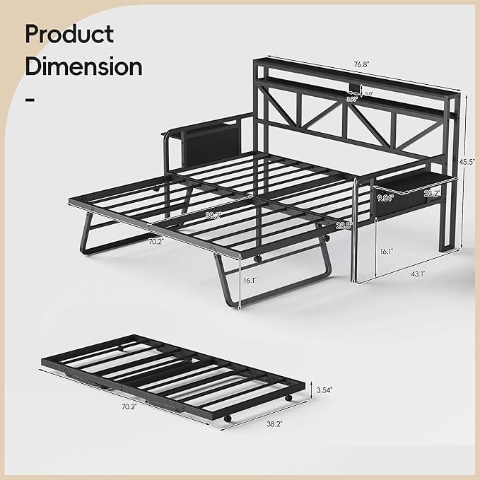 Daybed with Trundle, Heavy Duty Metal Twin Bed Frame with LED Lights & 2-Tier Storage Shelves, Sofa Day Bed with Charging Station & Tabletop for Living Room, Bedroom, Guest Room (Black)