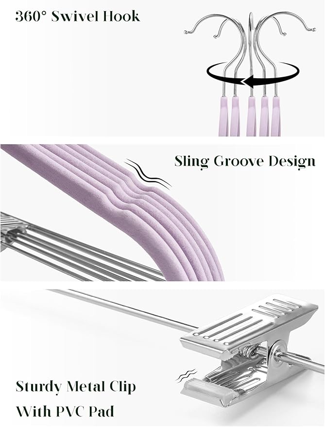 Cozymood Velvet Skirt Hangers 24 Pack, Purple Hangers with Clips Ultra Thin Non Slip Pants Hanger Space Saving Clothes Hanger with Clips for Pants, Skirts, Jeans, Shorts