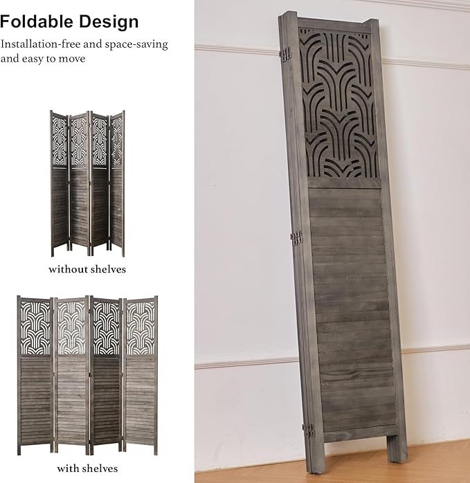 Svimi Folding Room Divider, 66.9 Inch 4 Panels Wood Carved Privacy Screens, Free Assembled Freestanding Portable Separation Wall for Home Office Restaurant Bedroom (Gray)