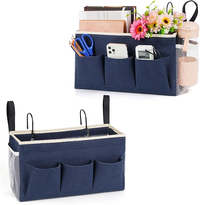 Lilithye Bedside Caddy Bedside Organizer Bedside Storage Caddy with Fixed Straps and Water Bottle Holder for Home College Dorm Bunk Bed Hospital Bed Crib Bed Rails (2pcs Navy Blue)