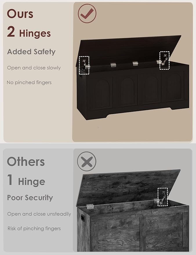 DINZI LVJ Storage Chest, 50” Extra Large Storage Bench with 2 Safety Hinges, Wooden Toy Box with Flip-Top, Large Trunk for Living Room, Playroom, Easy Assembly, Espresso