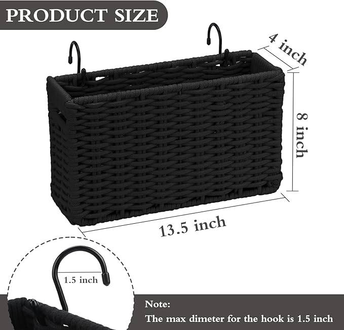 Cotton Rope Woven Bedside Caddy for Dorm Bed, Foldable Bedside Shelf Bunk Bed Accessories, College Dorm Room Essentials Hanging Organizers Storage Basket, Room Decor Magazine File Holder (Black)
