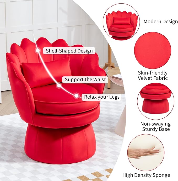 360° Swivel Accent Chair, Mid-Century Modern Velvet Barrel Chair, Comfy Shell Shape Arm Chair with Lumbar Pillow for Living Room, Bedroom, Office, Rose Red