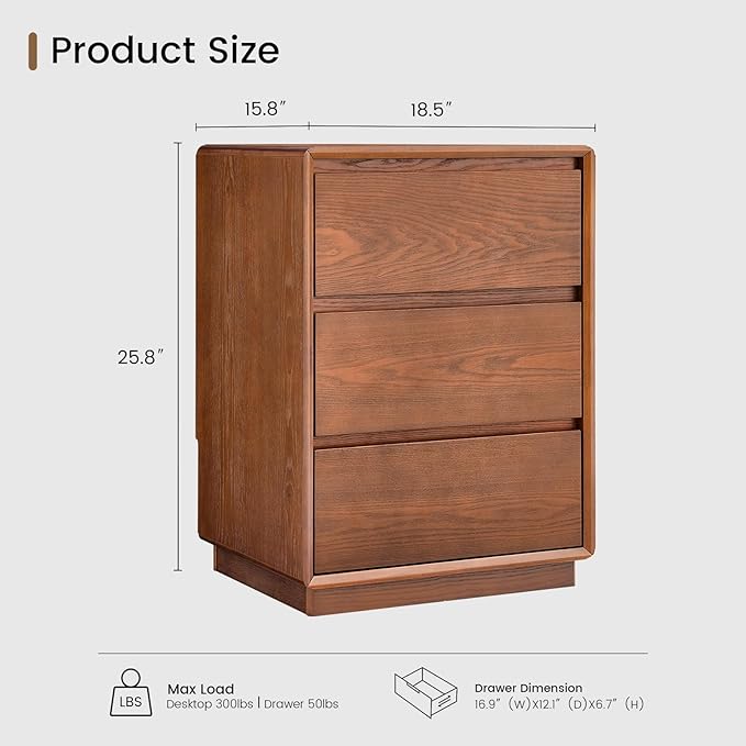 Solid Wood Nightstand Set of 2, Natural Wood Night Stand with 3 Drawers, Mid Century Modern Nightstand with Storage, Bedside Table for Bedroom, Office, Brown
