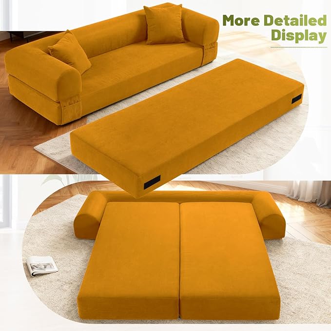 80" Convertible Sofa Bed,Corduroy Folding Sleeper Sofa Bed Queen with Pillows & Storage,Modular Pull Out Couches Boneless Couch for Living Room,Compressed Couch in a Box,Yellow