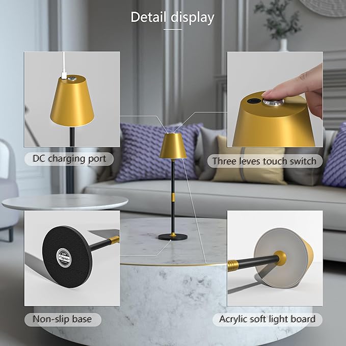 Modern LED CordlessTable Lamp,4000mAh Rechargeable Battery Desk lamp,3 Level Brightness Night Light,Minimalist Design, for Couple Dinner/Coffee Table/Restaurant/Bedroom(Gold&Black)