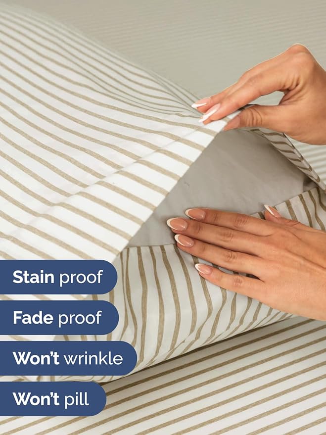 Extra Deep Split King Sheet Set - 7 Piece Breathable & Cooling Sheets - Hotel Luxury Bed Sheets Set - Easy Fit - Soft, Wrinkle Free & Comfy Sheets Set - Beige Striped Sheet Set w/Extra Deep Pockets