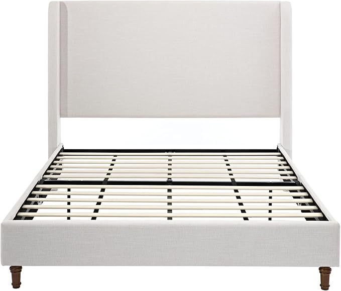Harper Upholstered Bed with 54" Tall Headboard - Wingback Chenille Platform Bed Frame, Solid Wood Feet, Sturdy Metal Base, Easy Assembly (Textured Ivory, Queen (U.S. Standard))