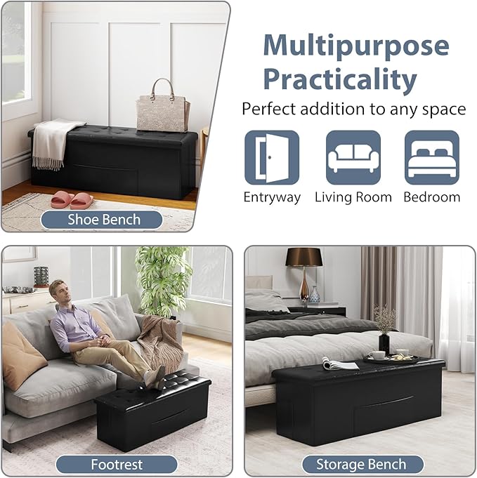 Giantex 43 Inches Folding Storage Ottoman Bench, Upholstered PU Leather Storage Chest with Side Pocket, Padded Seat, End of Bed Bench, Collapsible Ottoman Foot Rest for Living Room, Bedroom & Entryway