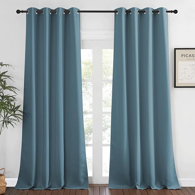NICETOWN Blackout Room Darkening Window Curtain - Thermal Insulated Solid Grommet Blackout Patio Door Curtain/Drape for Living Room (Smoky Blue, 1 Panel, 52 by 95-inch)
