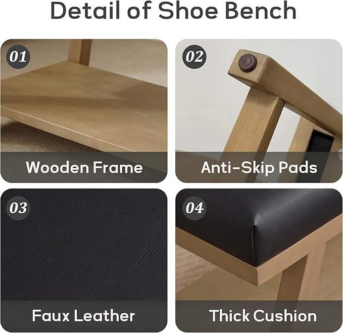 45" Entryway Bench Upholstered Storage Bench for Bedroom Shoe Rack Bench for Living Room, Hallway, Mudroom, Balcony, Sturdy Indoor Bench Seat Holds Up to 300 lbs (PU-Black)