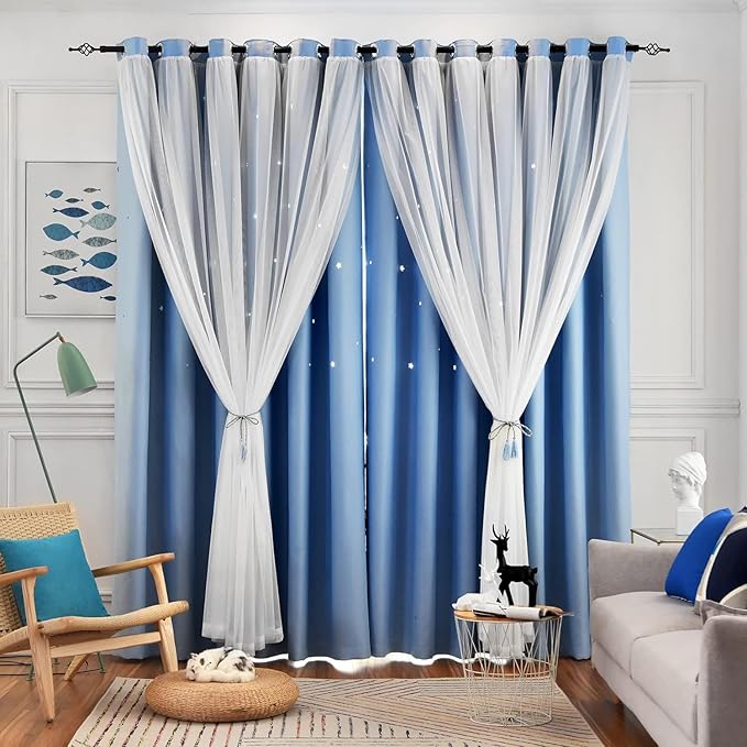Star Curtains, Blue Blackout Curtains, 52"W x 63"L, 2 Panels, Bedroom & Living Room