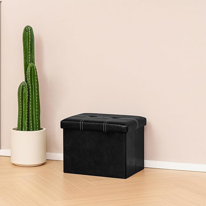 B FSOBEIIALEO Folding Storage Ottoman Cube, Faux Leather Footrest Seat Coffee Table, Black 16.5"x12.6"x12.6"