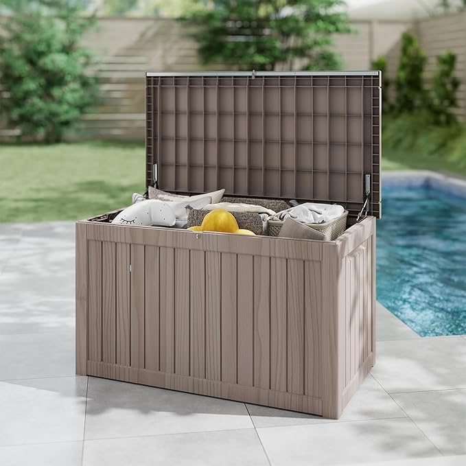270 Gallon Outdoor Storage Box Waterproof, Resin Deck Boxes with Lockable Lid & UV-Resistant for Patio, Pool, Garden Furniture Cushions & Accessories, Coffee