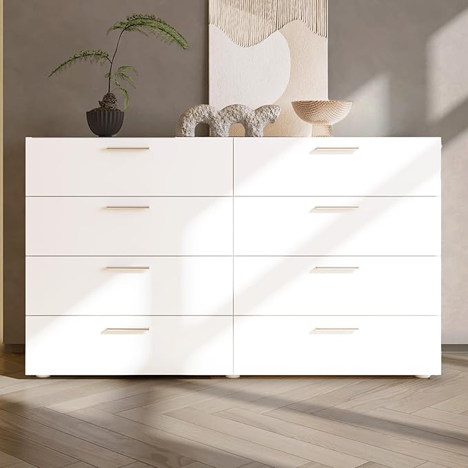 Karl home 8 Drawer Dresser, Wood White Vanity Drawer Cabinet, Bedroom Storage Cabinet TV Stand, Large Dresser Storage Chest with Deep Drawers, Bedroom Furniture，55.1 * 31.5 * 15.7 inches
