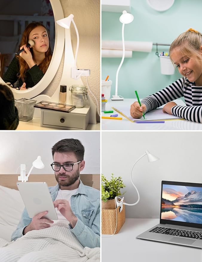 Clip on Light USB Reading Light, Eye Care Dimmable Reading Lamp Flexible Goose Neck Clip on Lamp for Bed Headboard Desk Bedside Dorm - White