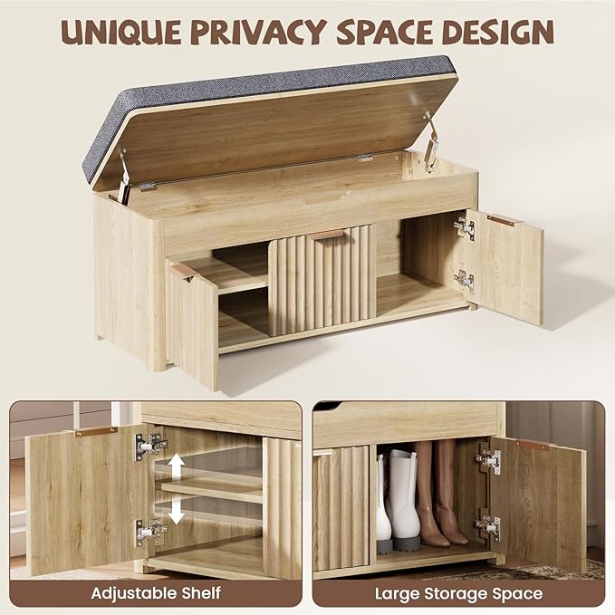 Shoe Bench with Storage - Lift Top Entryway Bench with Hidden Storage, Shoe Rack with Adjustable Shelves and Cushioned Seat, Wooden End of Bed Bench for Bedroom, Living Room and Hallway,Nature