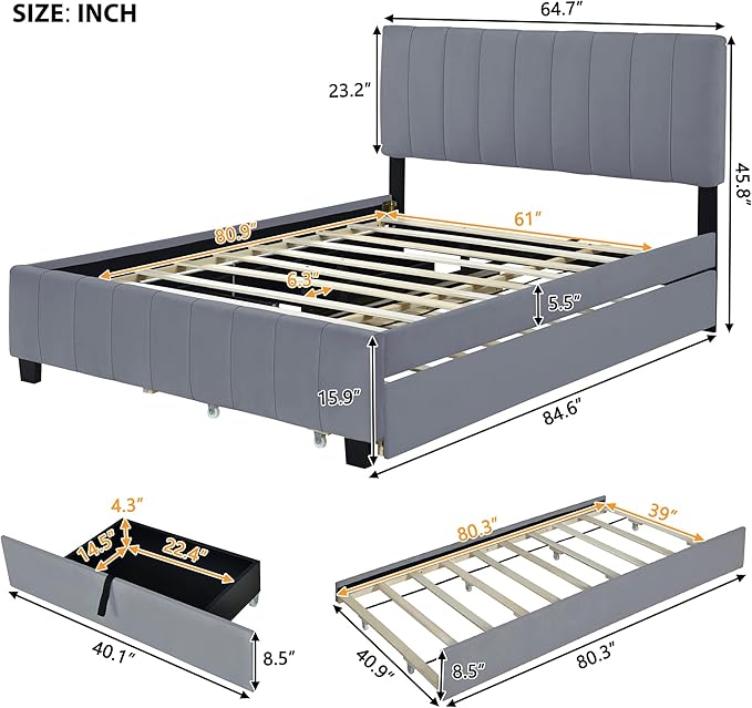 Queen Bed Frame with Trundle Bed,Velvet Upholstered Platform Bed Frame with Storage Drawers,Queen Size Trundle Bed with Headboard for Kids Teens Adults,Gray
