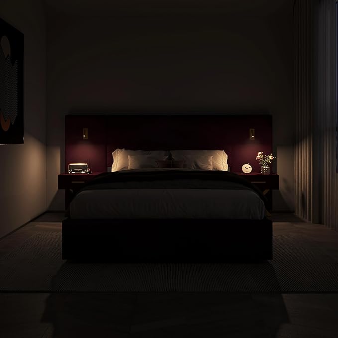 DEINPPA Luxury Queen Bed Frame with Built-in Gold LED Lights and Nightstands, Queen Size Platform Bed with Oversize Upholstered Headboard, No Box Spring Needed-Burgundy