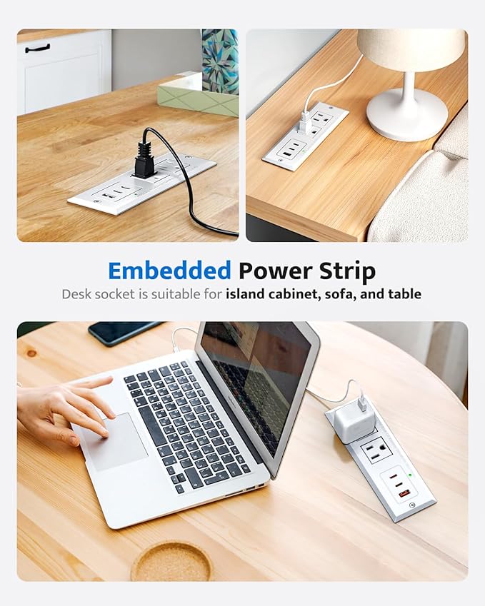 Recessed Power Strip with 20W USB C Port, Fast Charging USB A Port Conference Recessed Outlet, Space-Saver for Furniture Side Table, End Table, Desk Outlet with 6ft Cord, 45° Thin Flat Plug, White