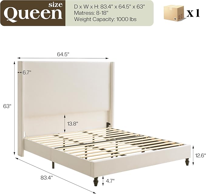 Queen Bed Frame with 63" Tall Headboard, Horizontal Fine Corduroy Bed Frame with Wingback, Upholstered Platform Bed, Vintage Solid Wood Gourd Legs, No Box Spring Needed, Cream
