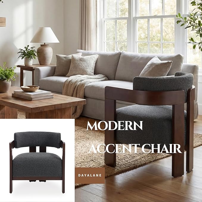 Barrel Accent Chair, Cozy Upholstered Living Room Chair for Bedroom, Walnut Wood Frame, Vintage Modern Lounge Reading Chair for Apartment Waiting Room Office,1 PCS, Charcoal