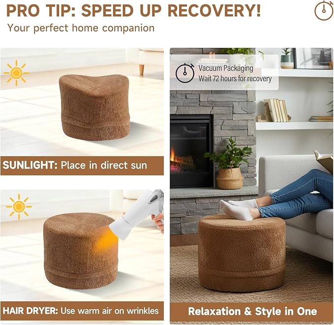 Tiita Pouf Ottoman and Foot Rest, Round Foam Stuffed Floor Pouf with Storag for Living Room, Brown