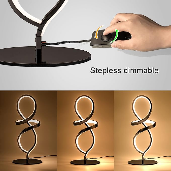 Mayful Modern Lamp with LED Spiral Design, Bedside Lamp with Stepless Dimming Switch, Contemporary Nightstand & Black Table Lamp for Bedroom, Living Room, Home Office, 12W 3200K Warm White,2 Pack